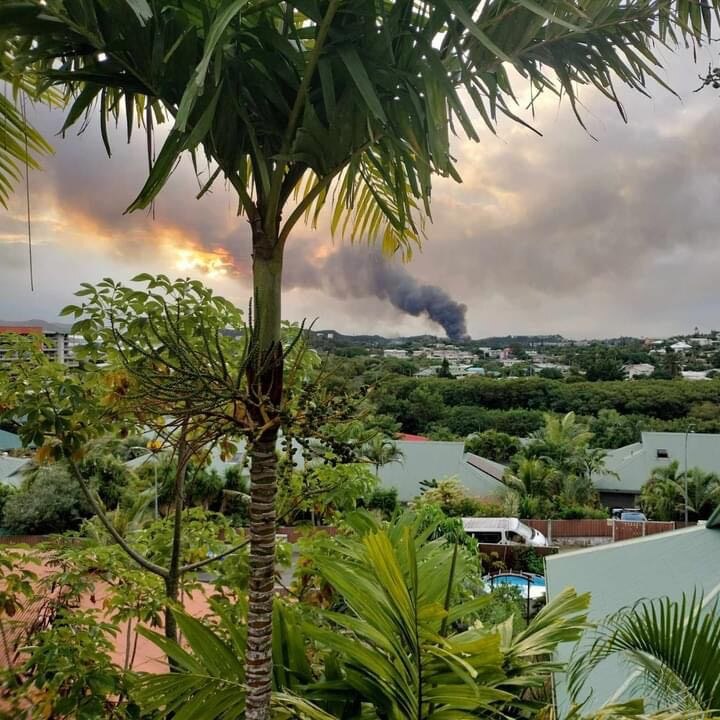 A tropical view over a leafy suburb with plumes of thick, black smoke over the buildings.