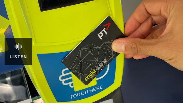 A grey card with the PTV and myki symbols is placed against a card reader which says the card has expired. Has Audio.