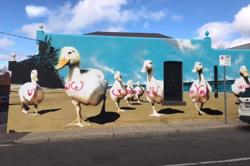 A photo of a mural with ducks on them which have been gratified with red boobs.