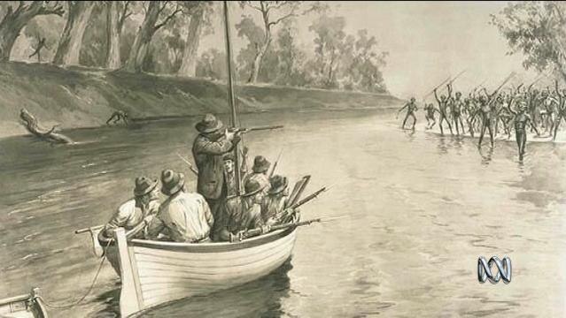 Drawing of men in boat shooting at Indigenous people on riverbank