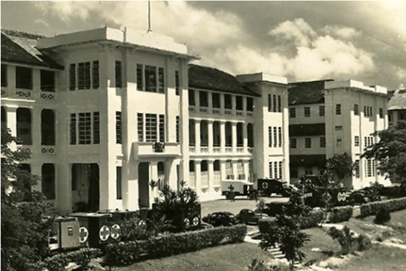 A black and white photo of a 1930's hospital building in Singapore