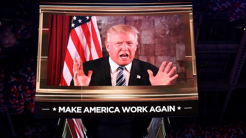 Donald Trump speaks on screen during the second day of the Republican National Convention.