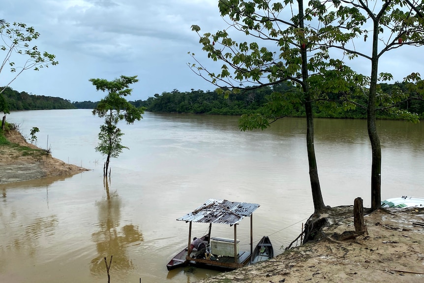 A small boat tied to the bank of a river with a rope, in a remote part of Brazil.