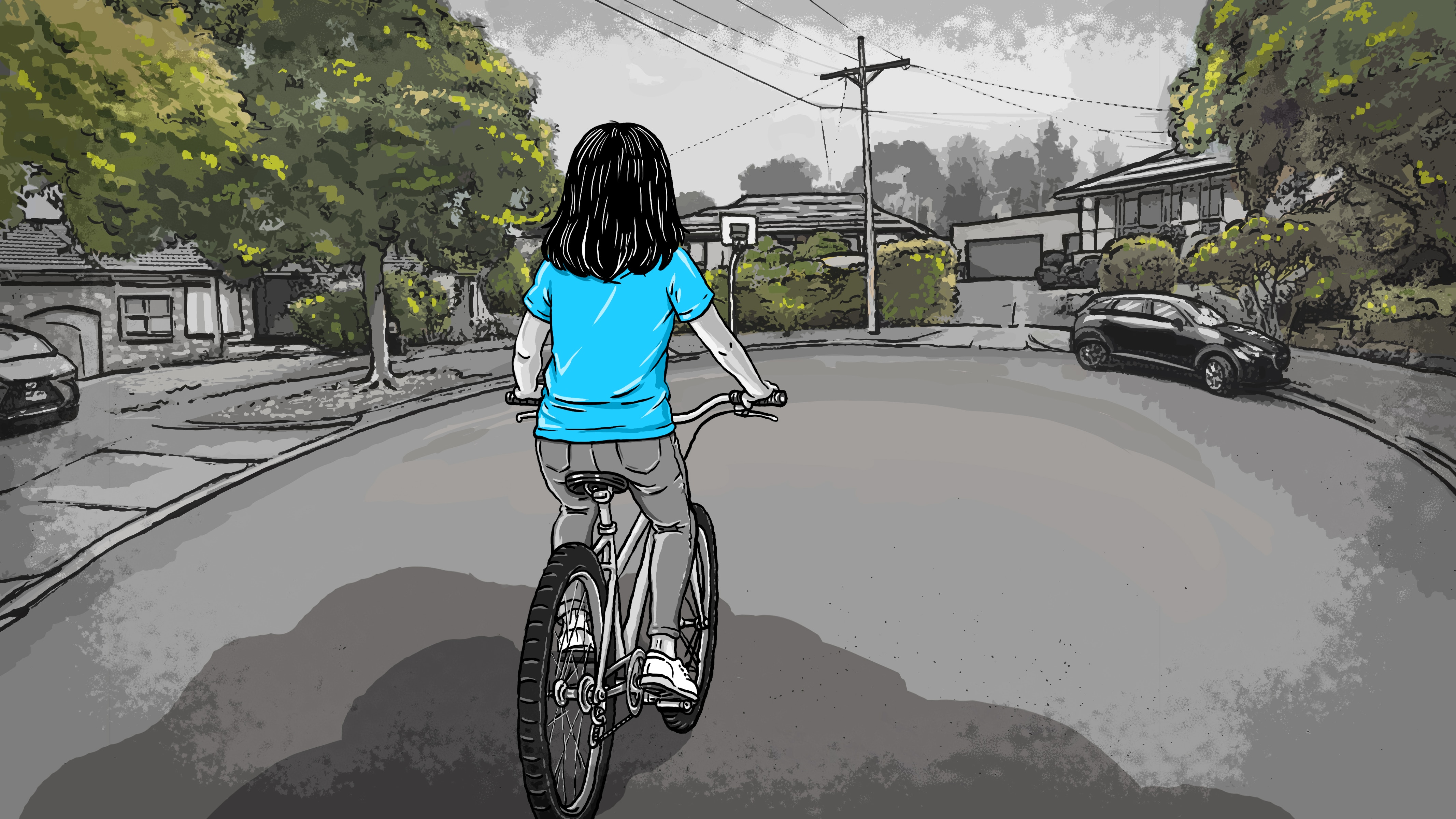 An illustration of a girl on a bike in a suburban street