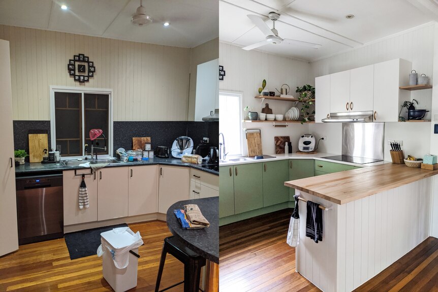 Two photos of the same kitchen. The first, dark and outdated and the other, light and bright with green tones and open shelving.