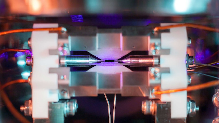 A photo taken of a single positively-charged strontium atom, held near motionless by electric fields