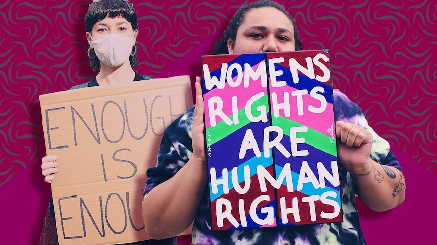 Women holding signs, one saying 'Enough is Enough' and the other 'Women's Rights Are Human Rights'.