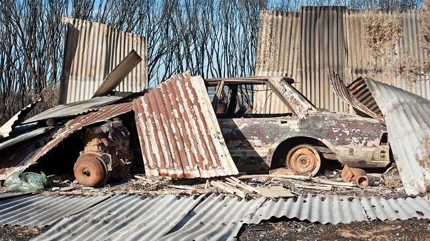 Car and shed destroyed in the bushfire