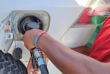 A person with their hand on a fuel pump puts fuel into their car.
