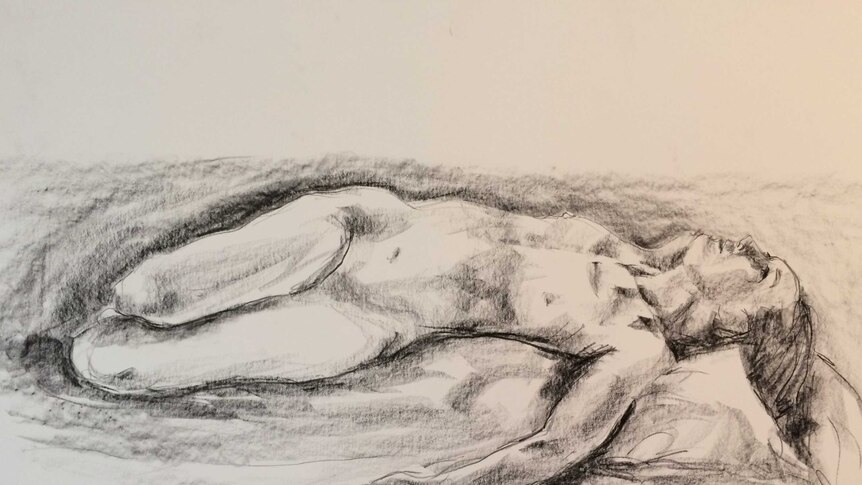 A drawing of a woman lying down