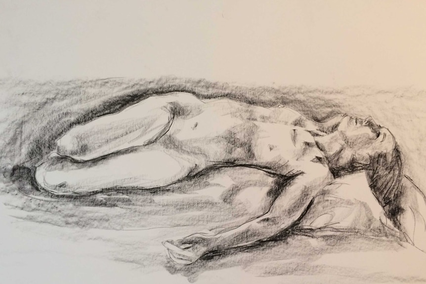 A drawing of a woman lying down