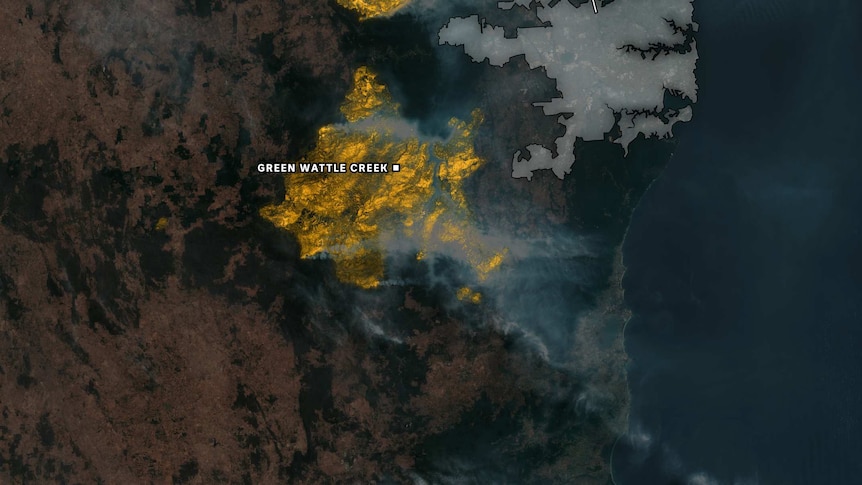 Satellite imagery showing fire scarring at Green Wattle Creek