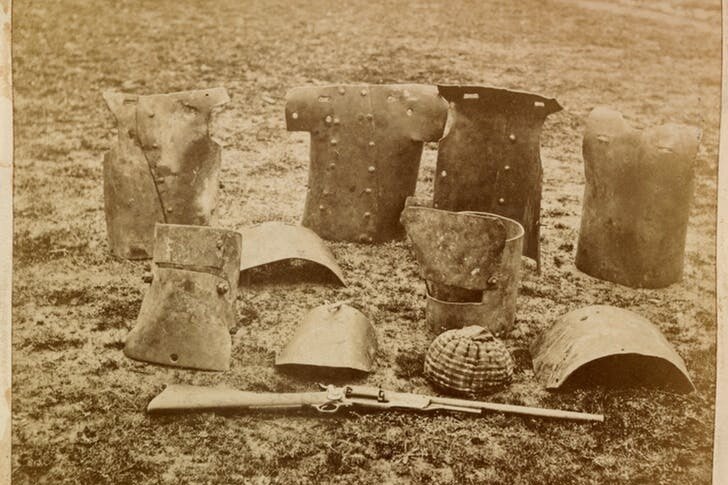 Old metal helmets and armour.
