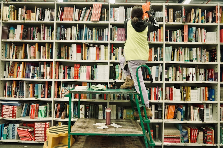 A woman in a fluro vest stands on a ladder stacking books on shelves.