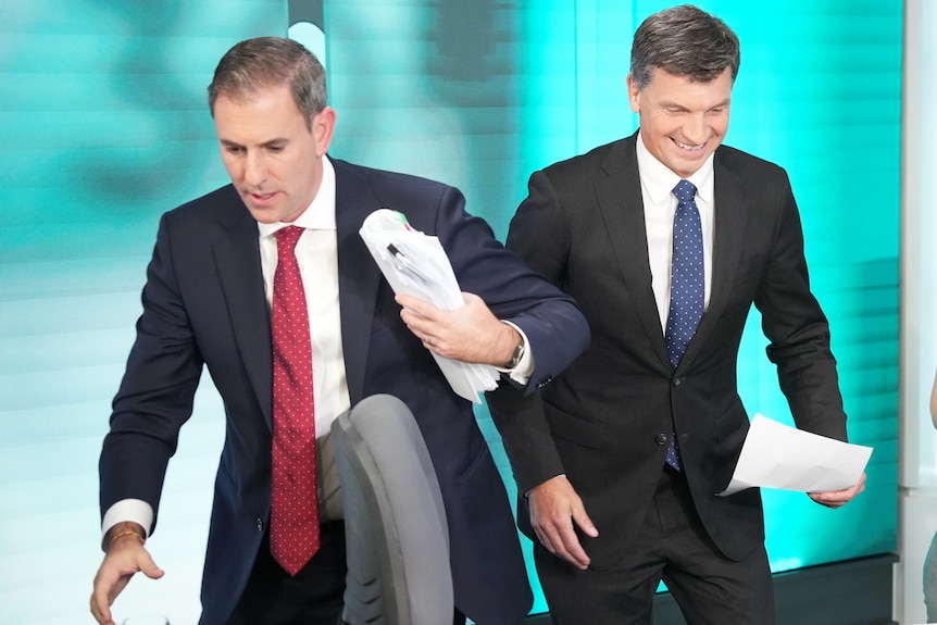Jim Chalmers and Angus Taylor cross paths in a TV studio.