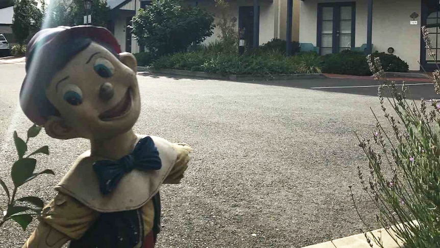 A picture of Pinocchio with a missing arm standing in front of some apartments.