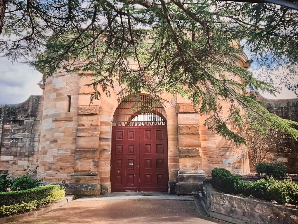 Sandstone building partially covered by tree 