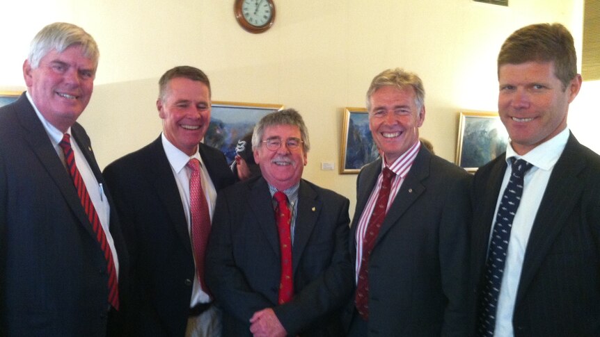 Port Stephens MP Craig Baumann (left), Deputy Premier Andrew Stoner, Swansea MP Garry Edwards, Newcastle MP Tim Owen and Charlestown MP Andrew Cornwell gathered in Newcastle today for the centre announcement.