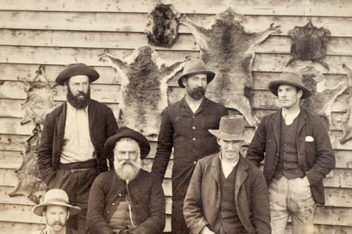 Men stand in front of koala pelts stuck on a wall in August 1927.