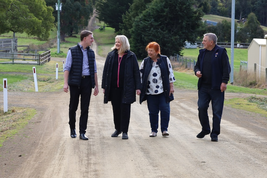 Four people walk down a country dirt road.