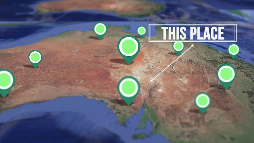 Map of Australia with green dots indicating locations, text overlay reads "This Place"