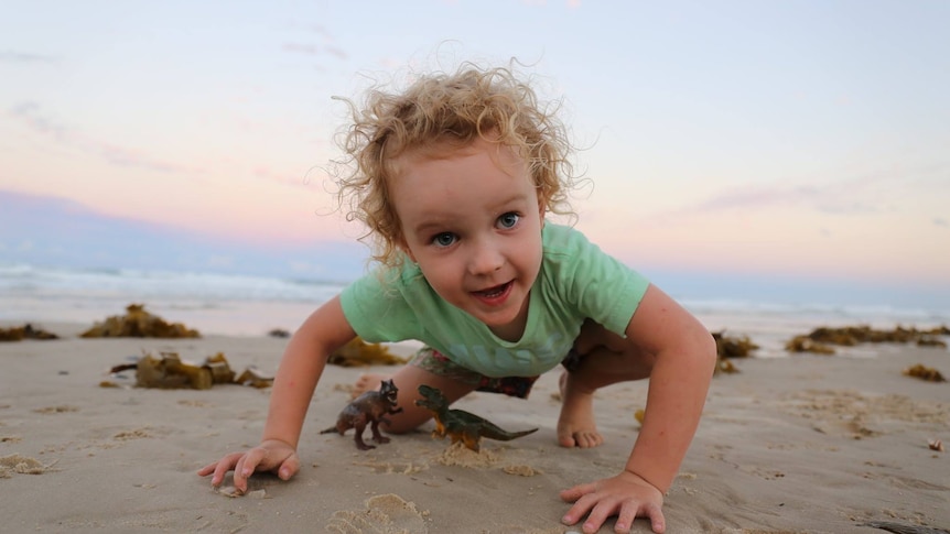 Samantha Turnbull's son on the beach with dinosaur toys.