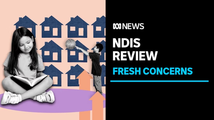 NDIS Review, Fresh Concerns: Graphic image of a girl reading a book and a boy throwing a ball over a background of drawn houses.