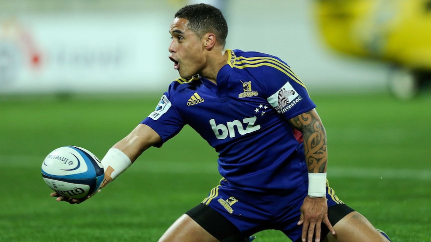 Attacking feast ... Aaron Smith celebrates after scoring a try for the Highlanders