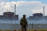 A serviceman with a Russian flag on his uniform stands guard near the Zaporizhzhia Nuclear Power Plant