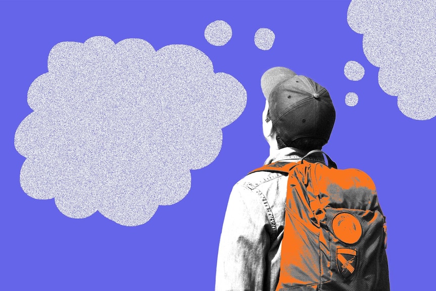 Teenage school boy wearing backpack and looking up, with two empty thought bubbles around him.