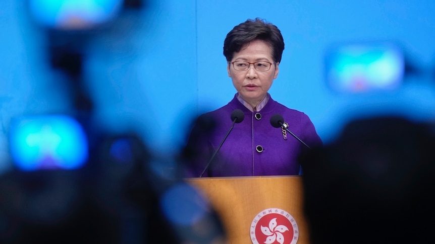 Carrie Lam speaks to the media in Hong Kong