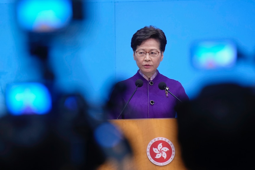 Carrie Lam speaks to the media in Hong Kong