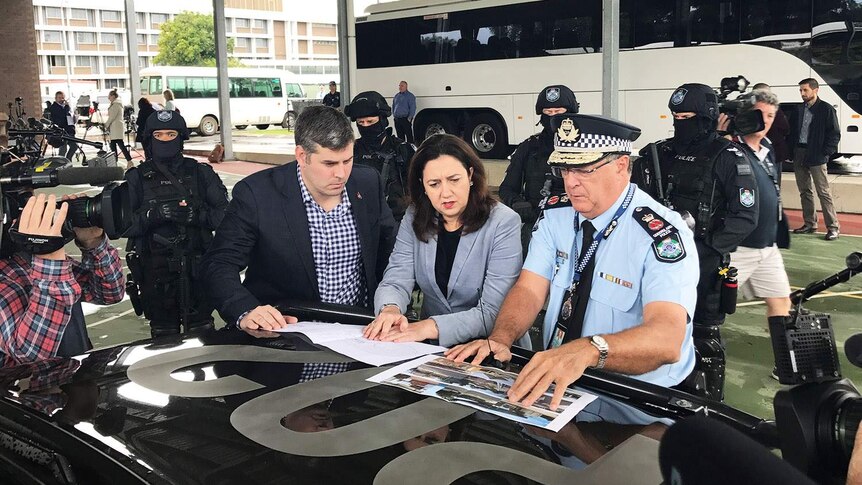 Qld Premier Annastacia Palaszczuk and Police Commissioner Ian Stewart with media at Wacol in Brisbane