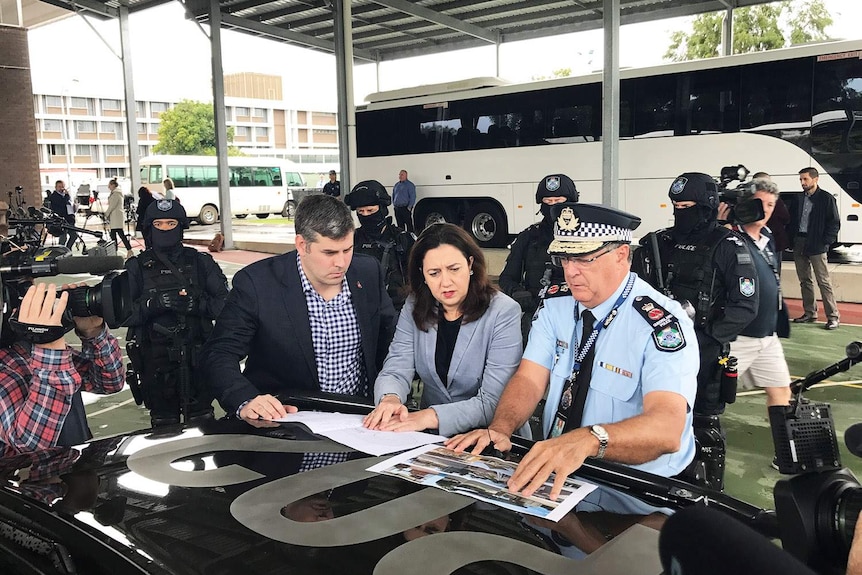 Qld Premier Annastacia Palaszczuk and Police Commissioner Ian Stewart with media at Wacol in Brisbane
