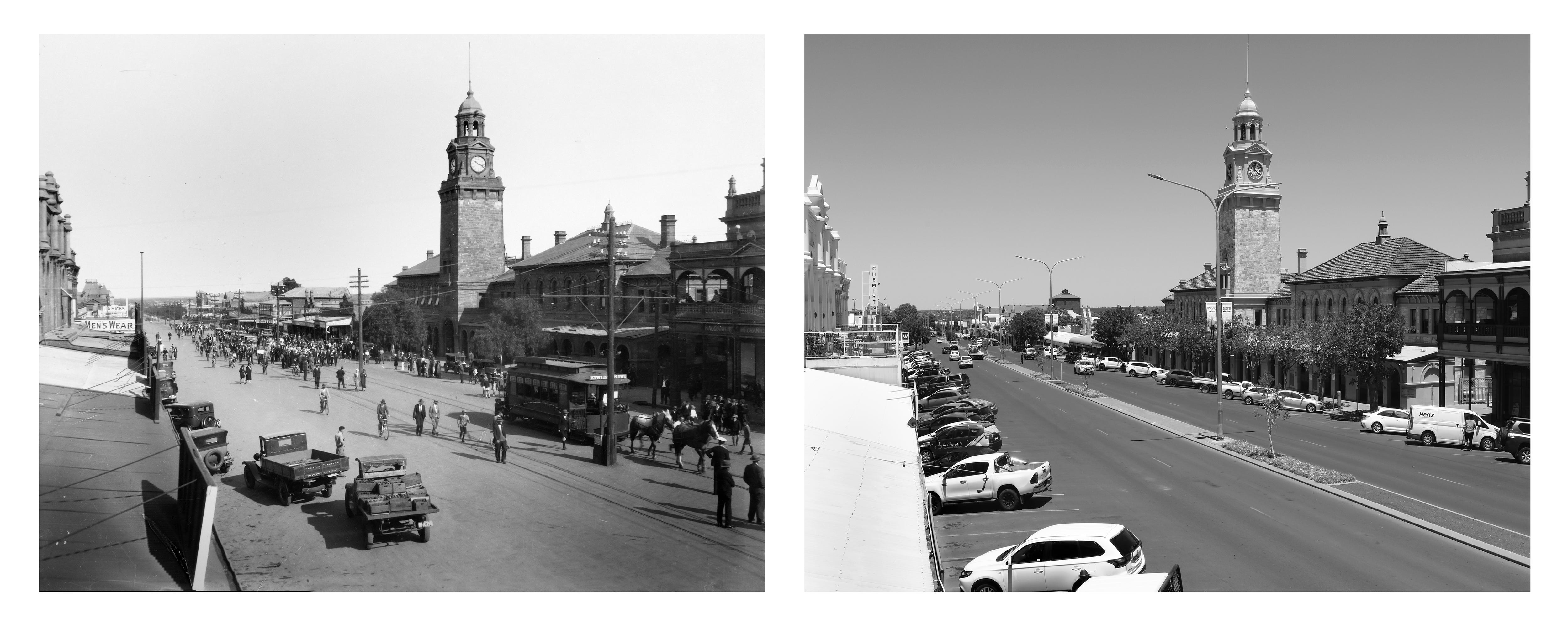 a picture of a street of an outback town wit horses and carts next to a picture of the same street today 