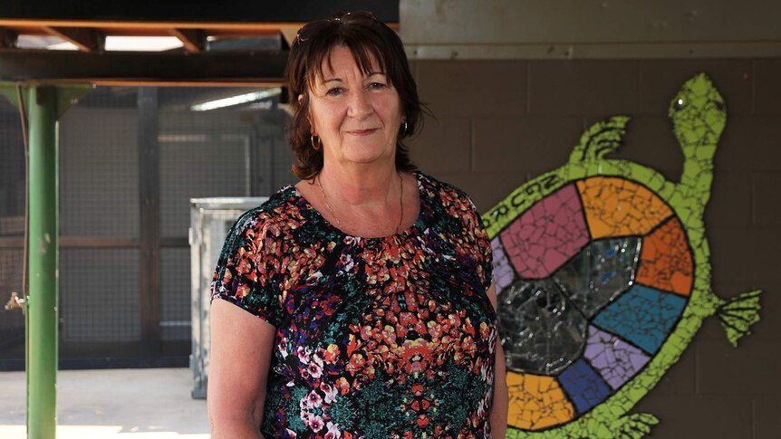 A photo of Gunbalanya Area School co-principal Sue Trimble before a school mural.