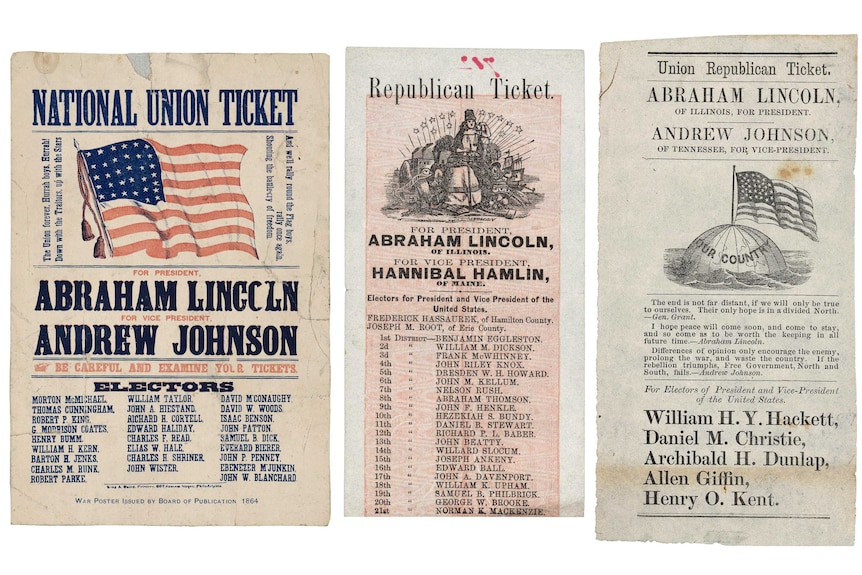 Old party tickets with the names of Abraham Lincoln and other candidates listed.