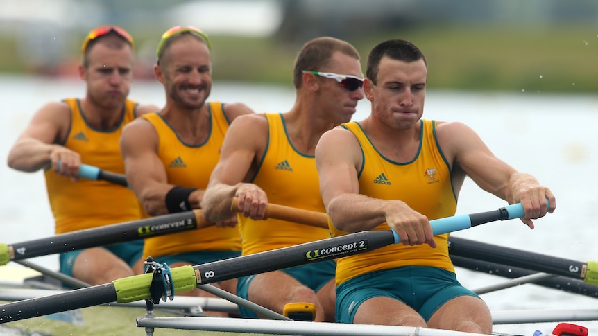 William Lockwood, James Chapman, Drew Ginn and Joshua Dunkley-Smith compete in the final of the men's four rowing