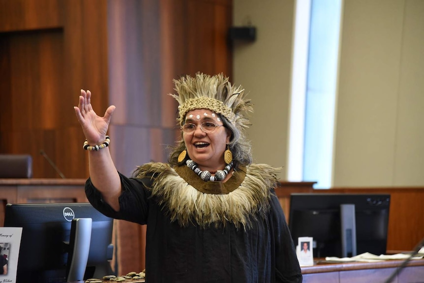 Kaurna woman Katrina Karlapina delivers a speech at the Federal Court.