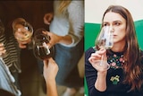 Composite image of people holding wineglasses and the actor Keira Knightly smelling a wine