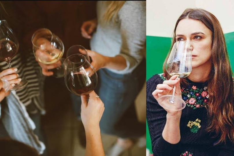 Composite image of people holding wineglasses and the actor Keira Knightly smelling a wine