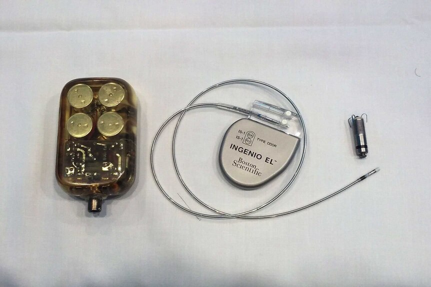 A pacemaker from the 1970s, the conventional type used today, and the latest leadless device.
