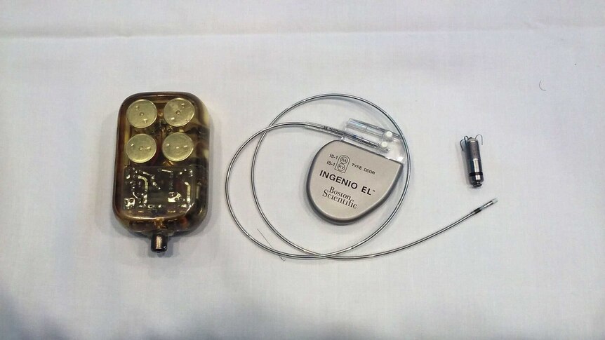 A pacemaker from the 1970s, the conventional type used today, and the latest leadless device.