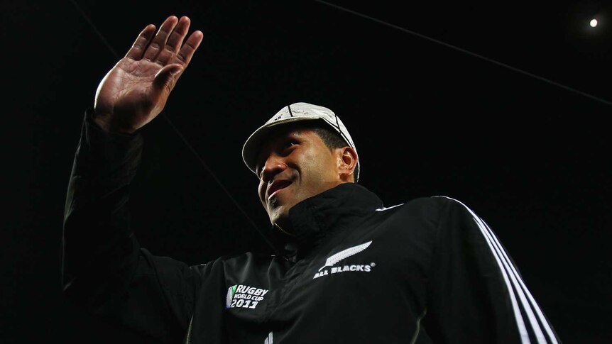 Muliaina waves to the crowd in his 100th Test