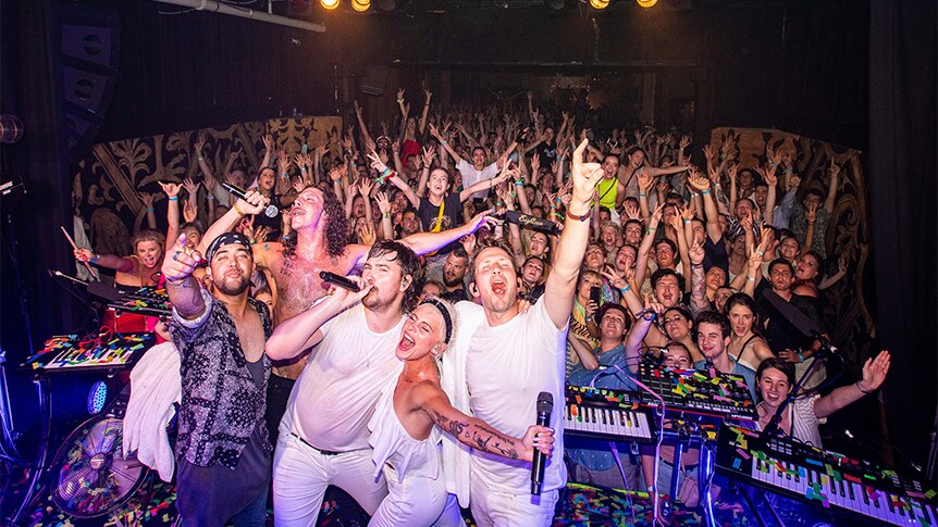 Peking Duk and their band on-stage at their Fire Relief Fundraiser, The Espy, St Kilda 30 Dec