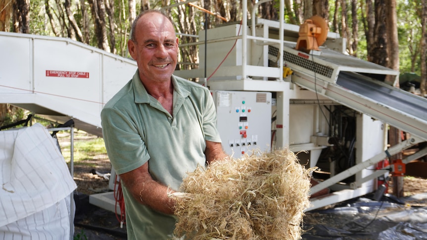 Man in green shirt holds pile of hemp with large industrial machine in the background