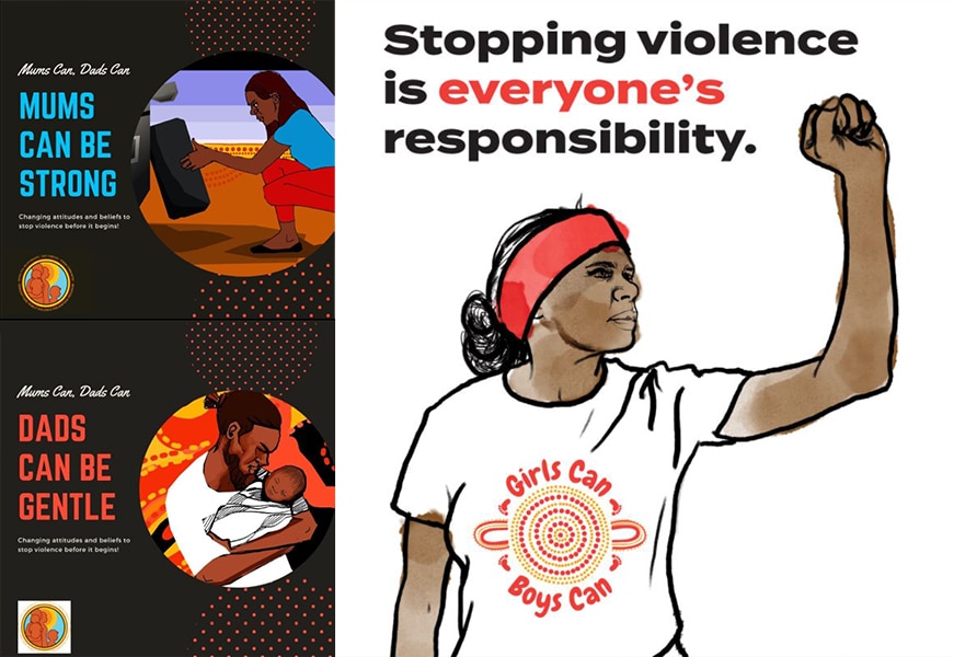 A cartoon poster of an Indigenous women with a raised fist and words about strength and respect