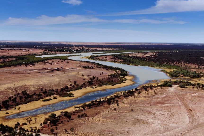 Aerial view of a dry and vast cattle station with a stream running through it. 