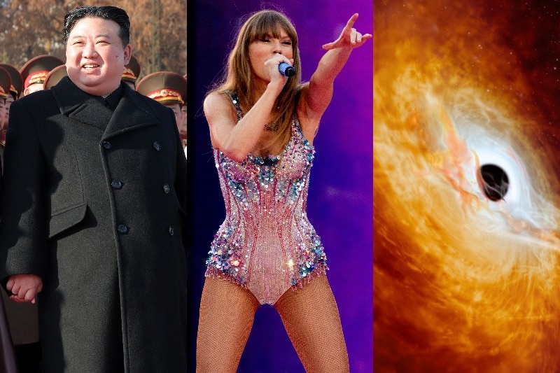 Three images side by side of Kim Jong Un, Taylor Swift and a black hole.