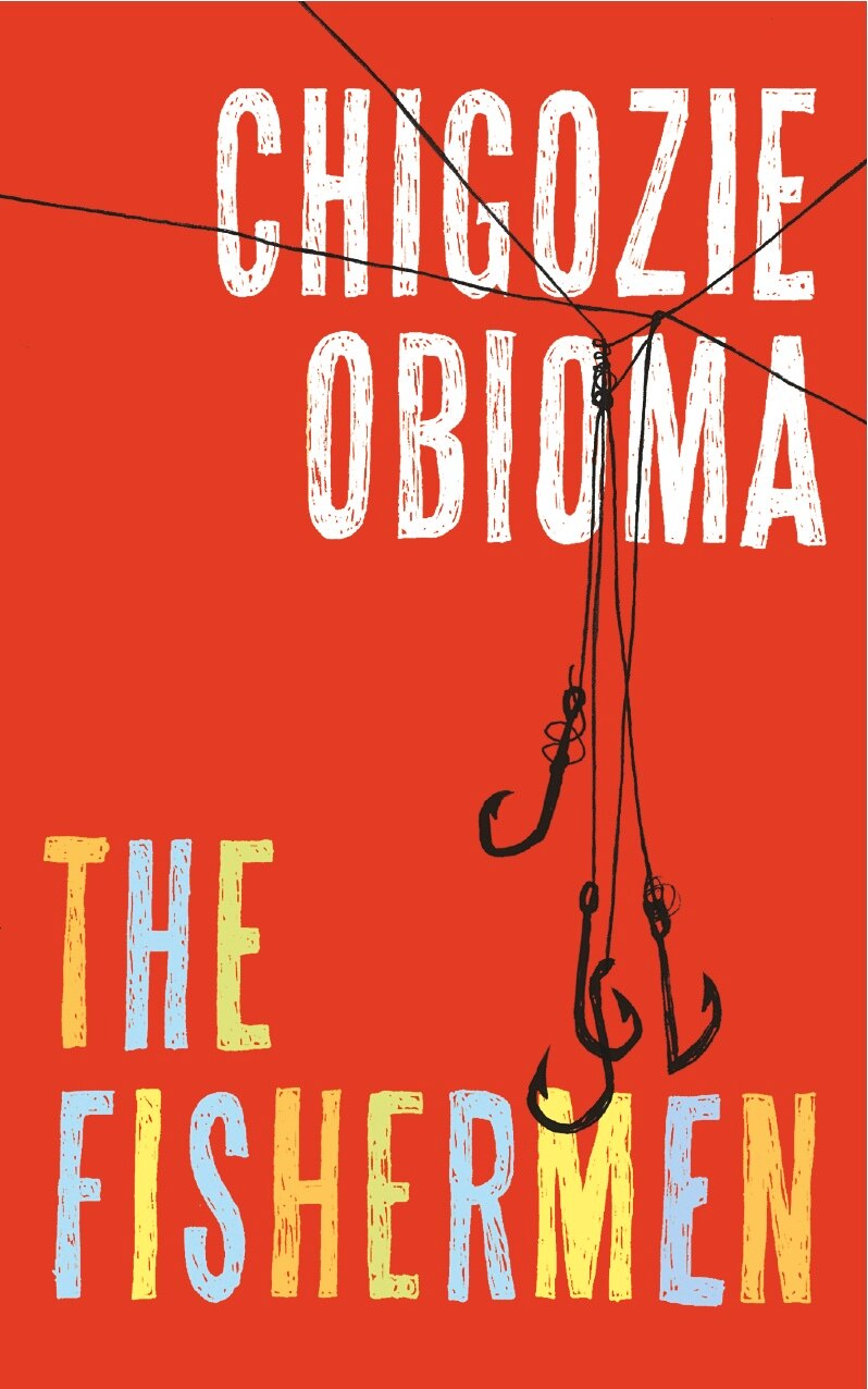 The Fishermen by Chigozie Obioma book cover featuring a red background a bunch of black fishing hooks